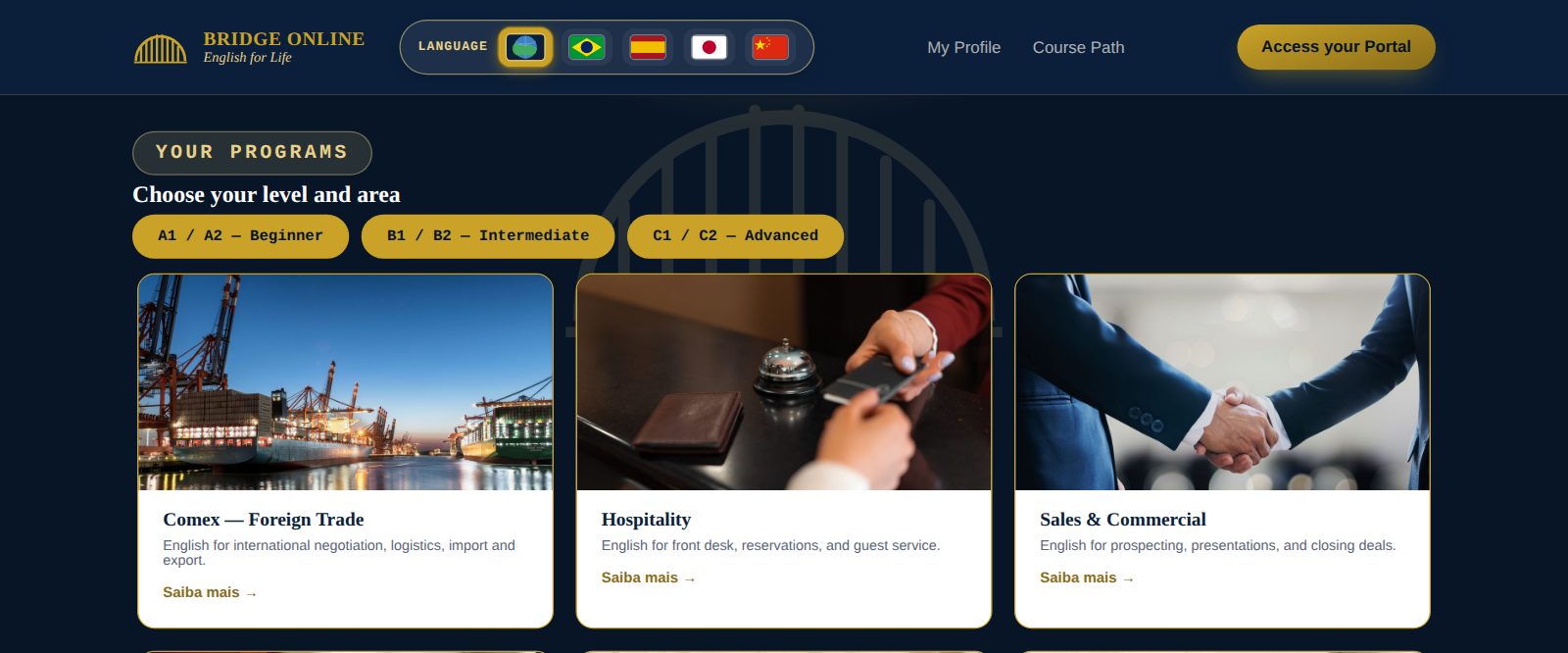 Site institucional da Bridge Online, com os cursos em vídeo