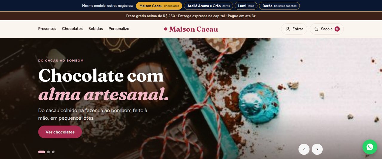Vitrine online de chocolates, com troca entre quatro lojas