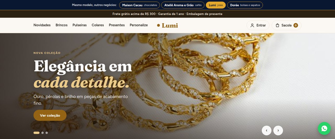 Vitrine online de joias, com troca entre quatro lojas
