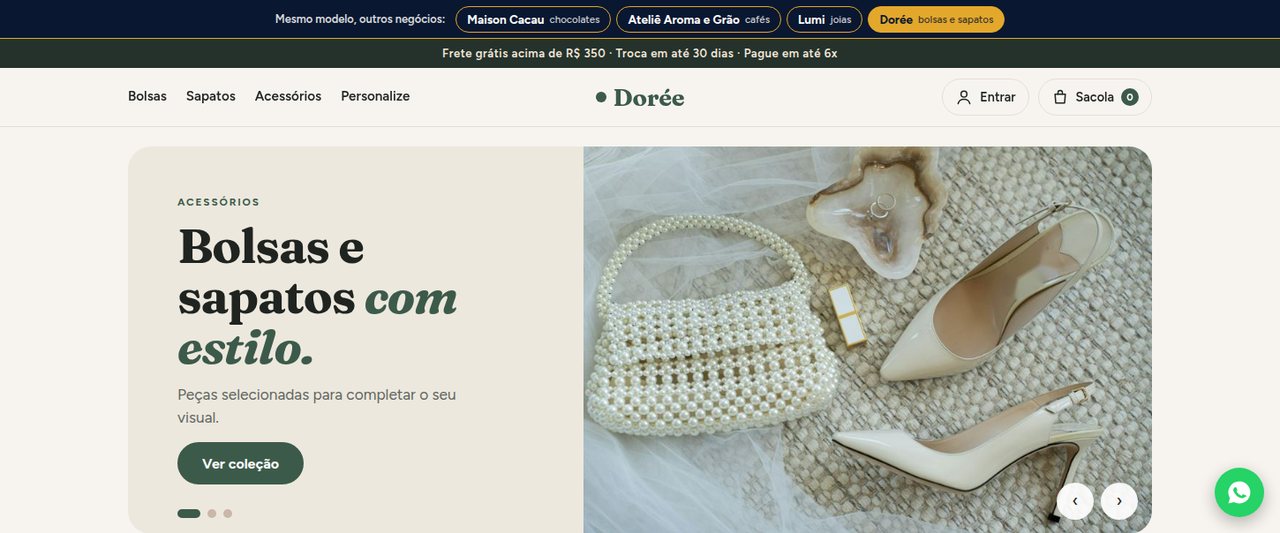Vitrine online de bolsas e sapatos, com troca entre quatro lojas